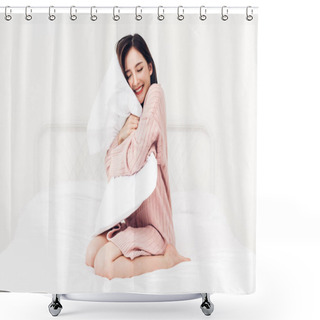 Personality  Beautiful Woman Smiling To Camera And Relaxing With Pillow On The Bed In Her Room At Home Shower Curtains