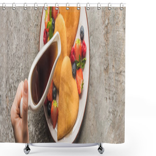 Personality  Cropped View Of Woman Adding Maple Syrup To Heart Shaped Pancakes With Berries On Grey Concrete Surface, Panoramic Shot Shower Curtains
