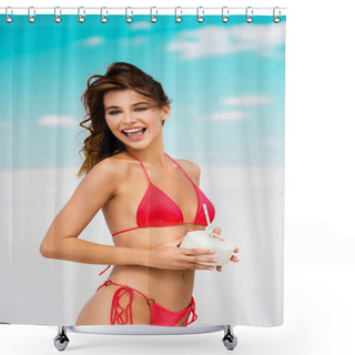 Personality  Smiling Beautiful Sexy Girl In Swimsuit On Beach With Coconut Drink Shower Curtains