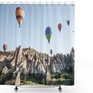 Personality  CAPPADOCIA, TURKEY - 09 MAY, 2018: Colorful Hot Air Balloons Flying In Sky Above Beautiful Rock Formations In Cappadocia, Turkey   Shower Curtains