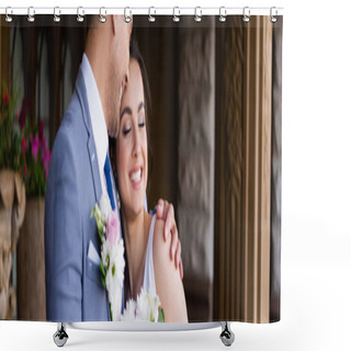 Personality  Cheerful Groom Hugging Bride With Closed Eyes Outdoors, Banner  Shower Curtains
