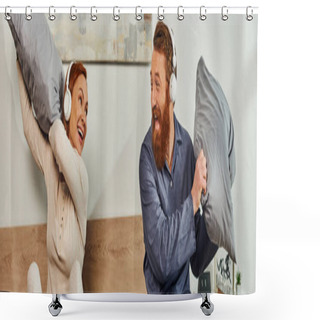 Personality  Day Off Without Kids, Having Fun, Shared Music, Redhead Husband And Wife, Happy Couple In Wireless Headphones Pillow Fight, Bearded Man And Carefree Woman, Tattooed Music Lovers, Weekends, Banner  Shower Curtains