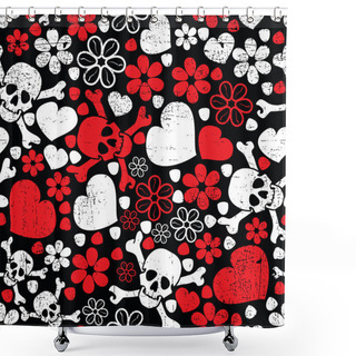 Personality  Red Skulls In Flowers And Hearts On Black Background - Seamless Pattern Shower Curtains