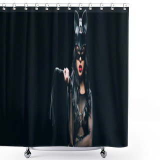 Personality  Panoramic Shot Of Sexy Young Brunette Woman In Bdsm Costume And Mask With Leather Flogging Whip Isolated On Black Shower Curtains
