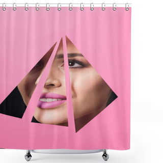 Personality  Woman With Smoky Eyes And Pink Lips Smiling Across Triangular Holes In Paper On Black Background Shower Curtains