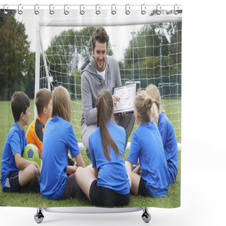 Personality  Coach Giving Team Talk To Elementary School Soccer Team Shower Curtains