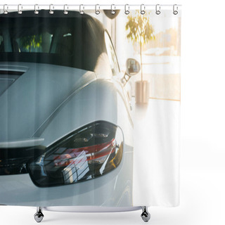 Personality  KYIV, UKRAINE - OCTOBER 7, 2019: Selective Focus Of White Luxury Porshe In Car Showroom  Shower Curtains