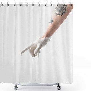 Personality  Cropped Image Of Woman In White Paint And With Tattoos Pointing On Something Isolated On White Shower Curtains