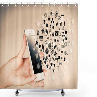 Personality  Hand Holding Smartphone With Market Icons Shower Curtains