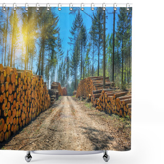 Personality  Log Stacks Along The Forest Road Shower Curtains
