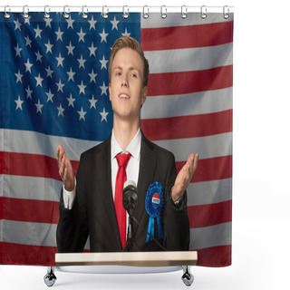 Personality  Emotional Man On Tribune During Speech On American Flag Background Shower Curtains