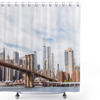 Personality  MANHATTAN, NEW YORK, USA - OCTOBER 8, 2018: Beautiful View Of Manhattan And Brooklyn Bridge In New York, Usa Shower Curtains