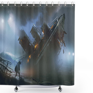 Personality  Man Escape A Sinking Ship In Rainy Night Shower Curtains