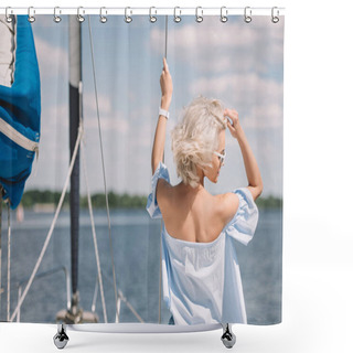 Personality  Rear View Of Beautiful Young Blonde Woman In Sunglasses Looking Away While Standing On Yacht  Shower Curtains