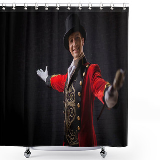 Personality  Showman. Young Male Entertainer, Presenter Or Actor On Stage. The Guy In The Red Camisole And The Cylinder. Shower Curtains