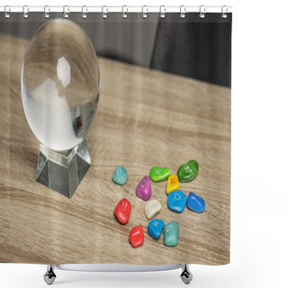 Personality  Crystal Ball And Colorful Stones With Zodiac Signs On Wooden Table Shower Curtains