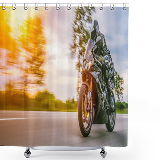 Personality  Motorbike On The Road Riding. Having Fun Driving The Empty Road On A Motorcycle Tour Journey. Copyspace For Your Individual Text. Shower Curtains