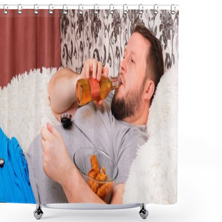 Personality  Fat Man Drinks Beer And Eats Unhealthy Food Chicken Wings, Bored In Front Of The TV Outlook On The Couch. The Concept Of Malnutrition, Quarantine At Home, Alcoholism. Shower Curtains