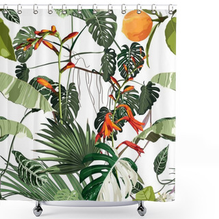 Personality  Tropical Beautiful Flowers Pretty Pattern. Seamless Cute Orange Flowers And Tropical Palm Leaves Background. Use For Textile, Dress, Wallpaper, Home Design. Shower Curtains