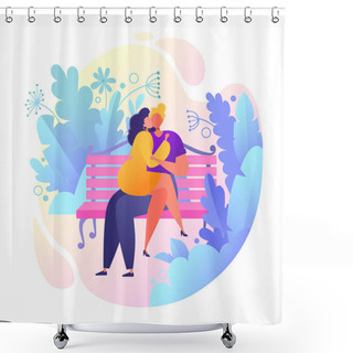 Personality  Romantic Vector Illustration On Love Story Theme. Happy Flat People Character Sitting On The Bench, Embrace And Kiss. Happy Lover Man And Woman Flirt. Shower Curtains