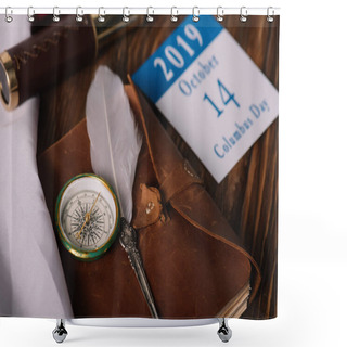 Personality  Calendar With October 14 Date Near Leather Notebook With Nib And Compass On Wooden Surface Shower Curtains