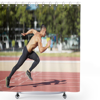 Personality  Sprinter Leaving  On The Running Track.  Shower Curtains