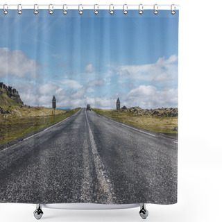 Personality  Road With Car In Highlands Under Blue Cloudy Sky In Iceland  Shower Curtains