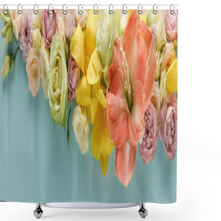 Personality  Top View Of Spring Flowers On Blue Background, Panoramic Shot Shower Curtains