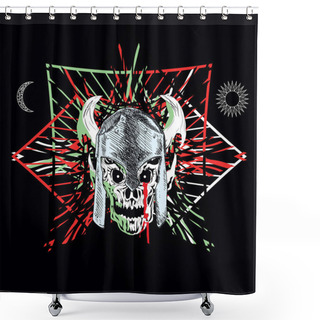 Personality  T-shirt Design Of A Skull With A Helmet With Horns And The Symbols Of The Sun And The Moon On A Black Background. Demonic Image. Shower Curtains
