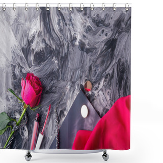 Personality  Stylish Cosmetic Set With Pink Rose On Dynamic Abstract Painting. Fluid Art Background. Shower Curtains