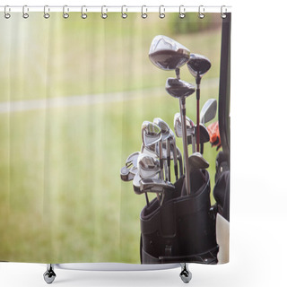 Personality  Set Of Golf Clubs Over Green Field Background Shower Curtains