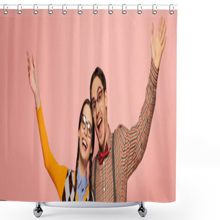 Personality  Panoramic Shot Of Couple Of Happy Nerds In Eyeglasses Gesturing And Hugging, Isolated On Pink Shower Curtains