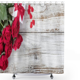 Personality  Gift Box With Red Roses And Hearts On Rustic Wood  Shower Curtains