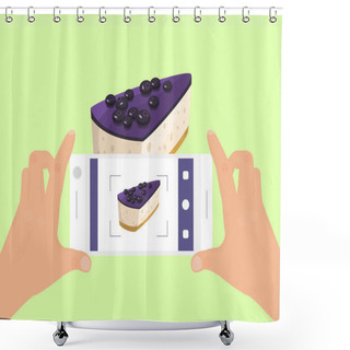 Personality  Hand With Phone Take Photo Of Cake Food Vector Illustration. Smartphone Photography Of Pie. Top View Of Cakes Phones Photo. Shower Curtains