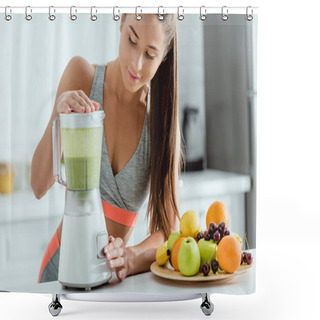 Personality  Selective Focus Of Cheerful Sportswoman Preparing Smoothie In Blender  Shower Curtains