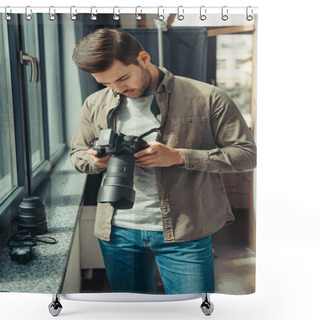 Personality  Professional Photographer With Digital Camera Shower Curtains