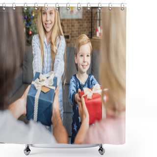 Personality  Cropped Shot Of Parents Presenting Christmas Gifts To Happy Kids In Pajamas  Shower Curtains