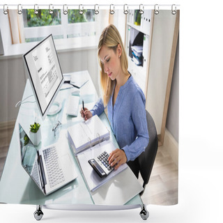 Personality  Young Businesswoman Calculating Bill With Computer And Laptop On Desk Shower Curtains