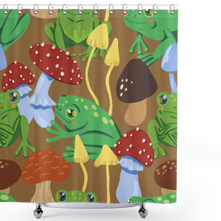 Personality  Cute Frogs And Forest Mushrooms. Abstract Hand Drawn Vector Seamless Pattern. Colored Cartoon Ornament With Animals. Funny Design For Print, Fabric, Textile, Background, Wallpaper, Wrap, Card, Decor. Shower Curtains