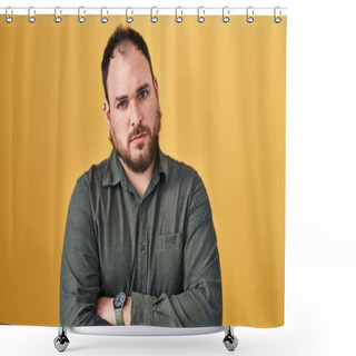 Personality  Plus Size Hispanic Man With Beard Standing Over Yellow Background Skeptic And Nervous, Disapproving Expression On Face With Crossed Arms. Negative Person.  Shower Curtains