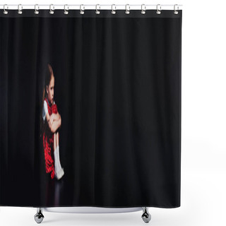 Personality  Panoramic Shot Of Depressed Child Sitting On Floor Isolated On Black Shower Curtains
