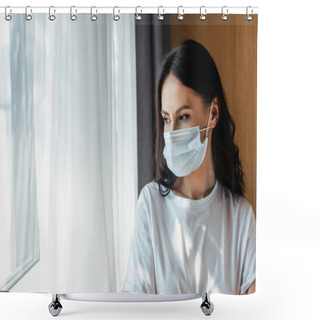 Personality  Attractive Ill Woman In Medical Mask Looking Through Window On Self Isolation Shower Curtains