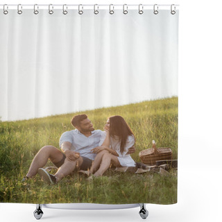 Personality  Happy Couple Talking While Sitting On Plaid Blanket In Grassy Field Under Clear Sky Shower Curtains