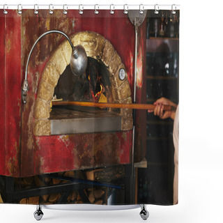 Personality  Cropped Shot Of Chef Putting Pizza Into Masonry Oven At Restaurant Kitchen Shower Curtains