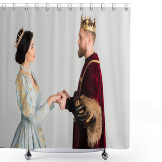 Personality  Side View Of Queen And King With Crowns Holding Hands Isolated On Grey  Shower Curtains