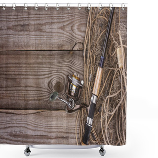 Personality  Top View Of Fishing Net And Fishing Rod On Wooden Planks  Shower Curtains