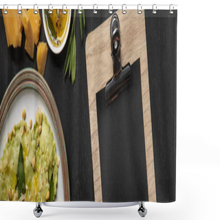 Personality  Top View Of Served Ravioli And Empty Black Menu Template, Panoramic Shot Shower Curtains