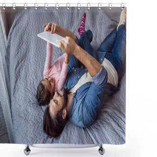 Personality  Father And Daughter Using Tablet In Bed Shower Curtains