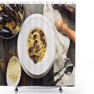 Personality  Top View Of Delicious Pasta With Seafood Served With Grated Cheese On Weathered Grey Background Shower Curtains
