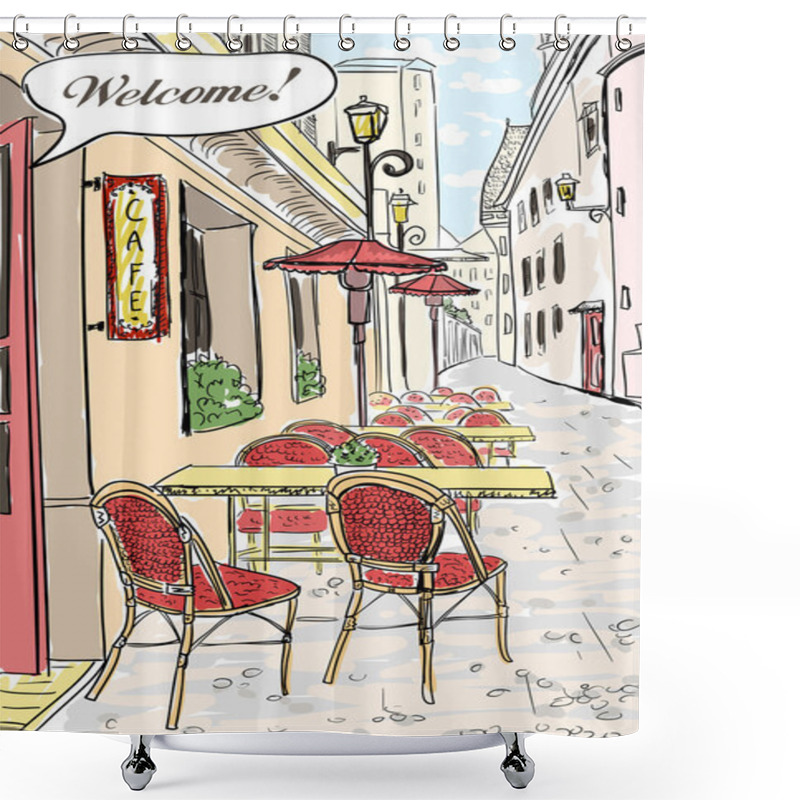 Personality  Street Cafe Sketch Illustration. Shower Curtains